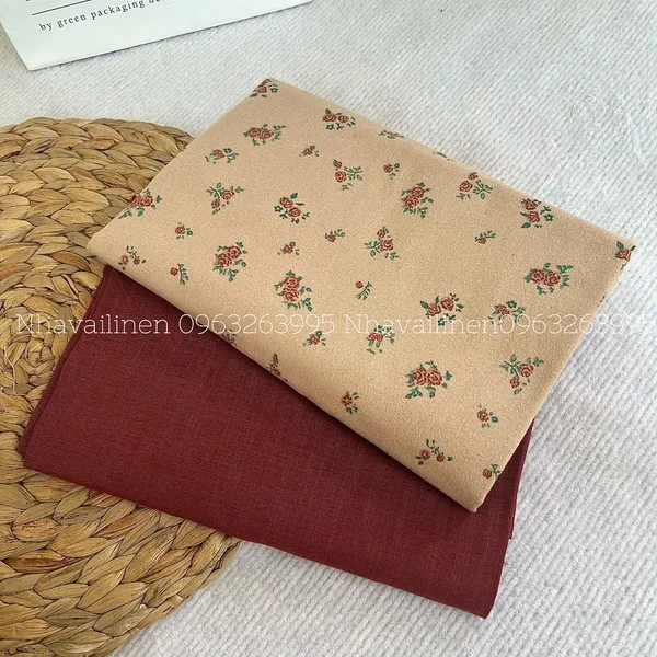 Vải thô cào bông hoa nâu nền be