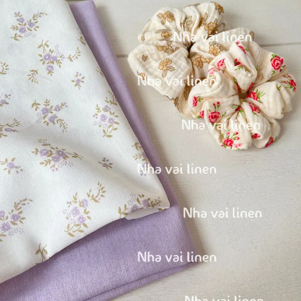 Vải Linen Bột Hoạ Tiết Cành Hoa Tím