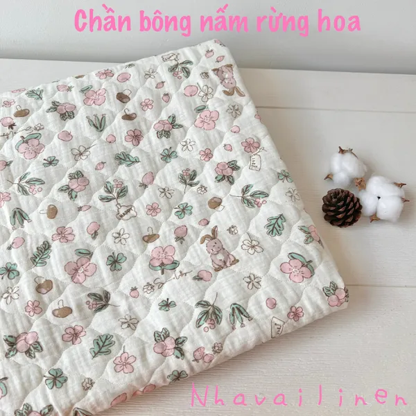 Vải chần bông 3 lớp cao cấp hoạ tiết nấm rừng hoa