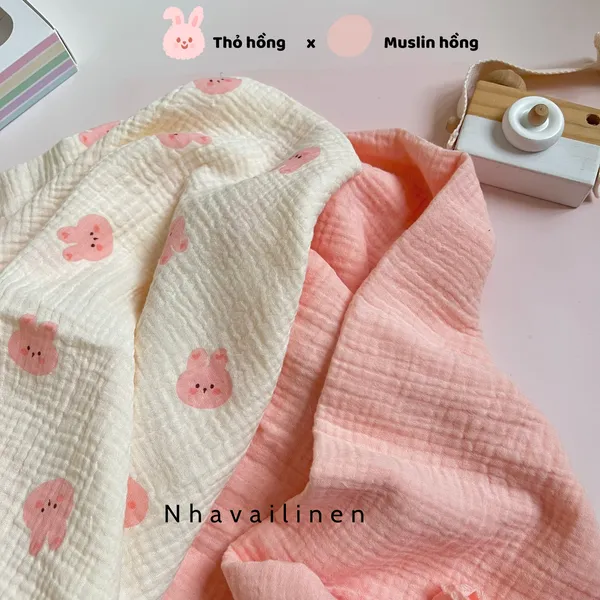Vải xô muslin cao cấp 2 lớp hoạ tiết thỏ hồng