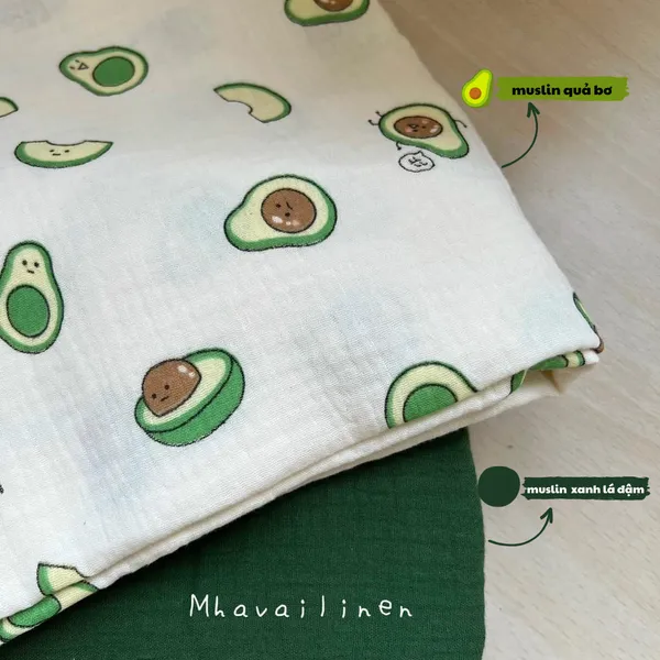 Vải xô muslin cao cấp 2 lớp hoạ tiết gấu dâu, quả bơ, thỏ tím
