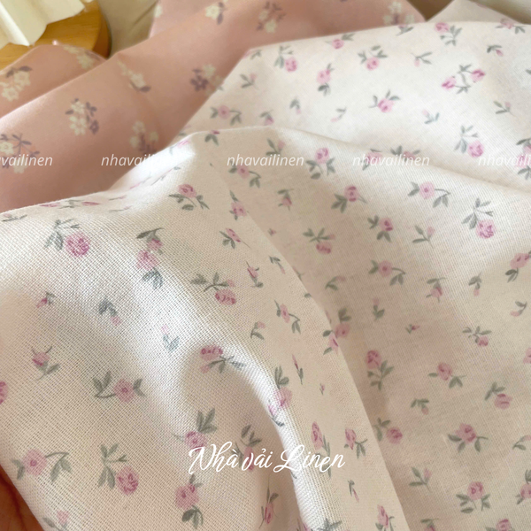 Vải linen bột hoa tím nền hồng