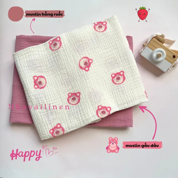 Vải xô muslin cao cấp 2 lớp hoạ tiết gấu dâu dễ thương