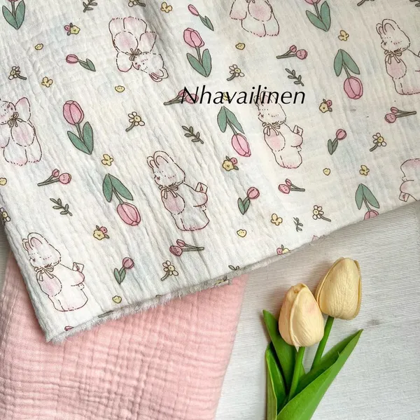 Vải xô muslin cao cấp 2 lớp hoạ tiết thỏ tím