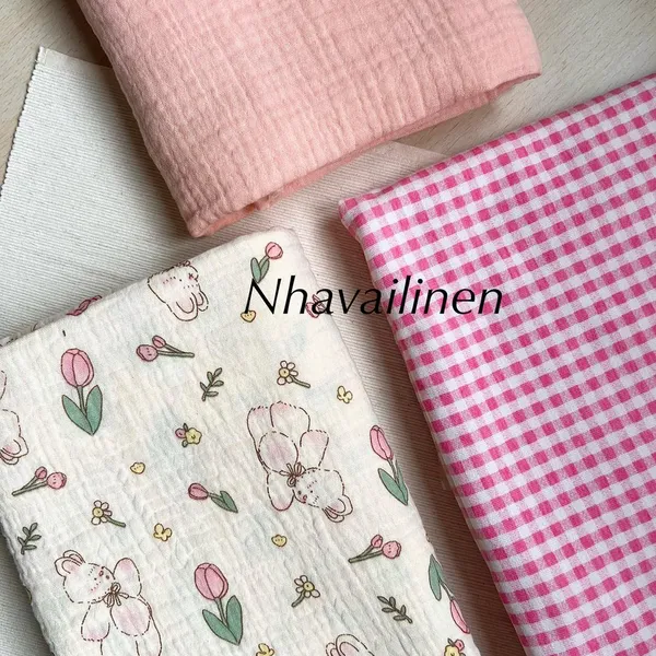 Vải xô muslin cao cấp 2 lớp hoạ tiết thỏ tím