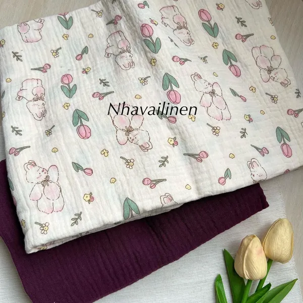 Vải xô muslin cao cấp 2 lớp hoạ tiết thỏ tím