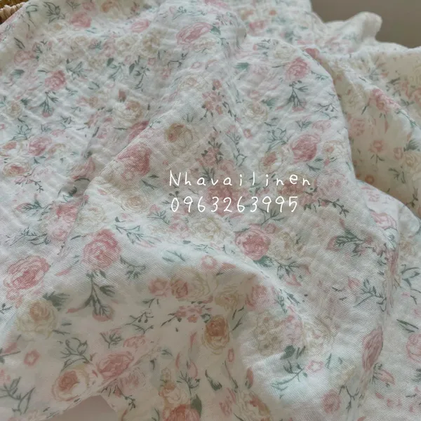 Vải xô muslin cao cấp 2 lớp hoạ tiết hoa loang hàn