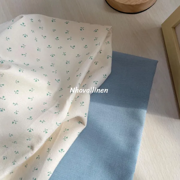 Vải Linen Bột Dày Hoạ Tiết Hoa Nhí Xanh