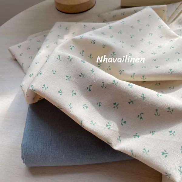 Vải Linen Bột Dày Hoạ Tiết Hoa Nhí Xanh