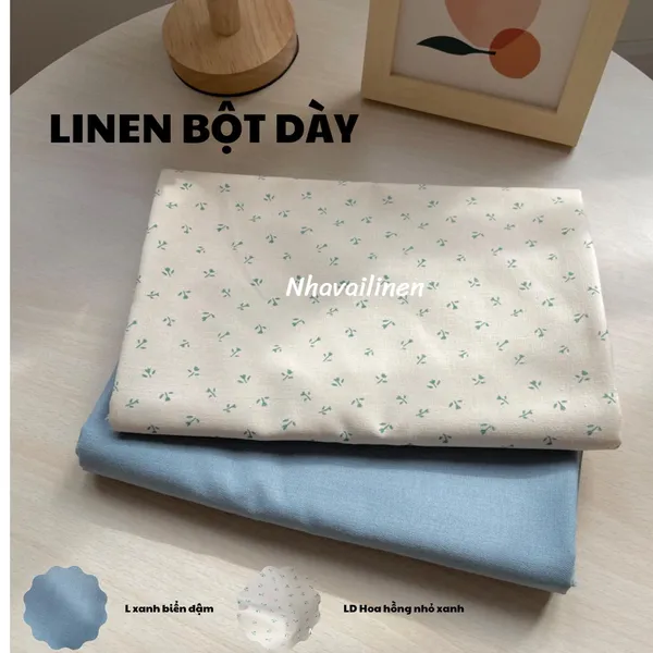 Vải Linen Bột Dày Hoạ Tiết Hoa Nhí Xanh