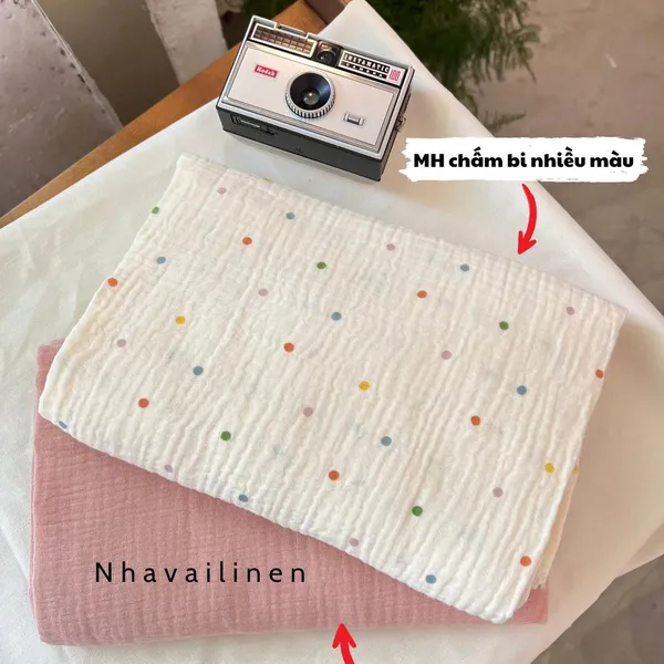 Vải xô muslin cao cấp 2 lớp hoạ tiết chấm bi nhiều màu
