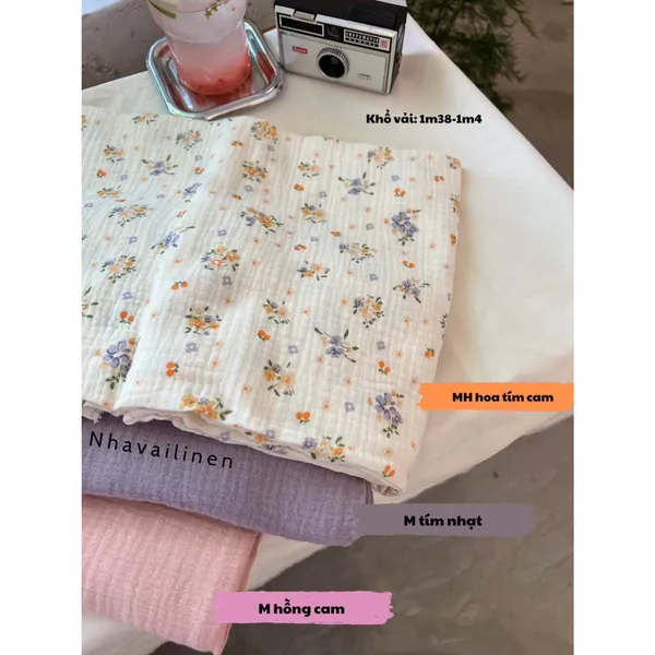 Vải xô muslin cao cấp 2 lớp hoạ tiết hoa tím cam