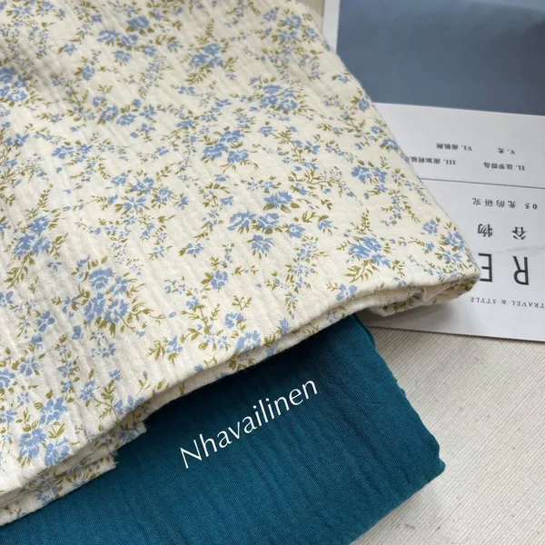 Vải xô muslin cao cấp 2 lớp hoạ tiết hoa dây xanh