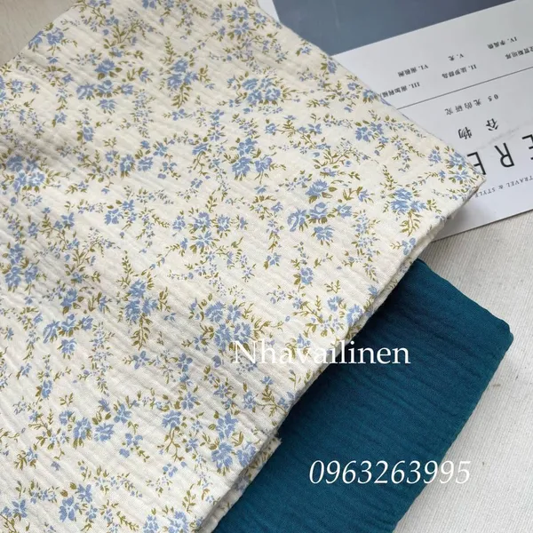 Vải xô muslin cao cấp 2 lớp hoạ tiết hoa dây xanh
