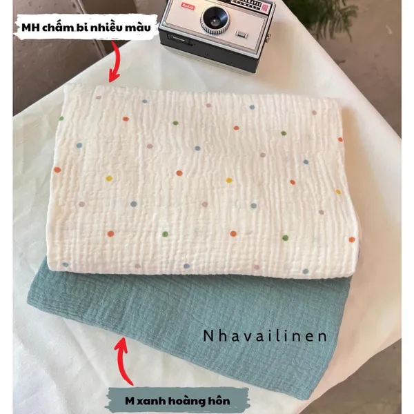 Vải xô muslin cao cấp 2 lớp hoạ tiết chấm bi nhiều màu