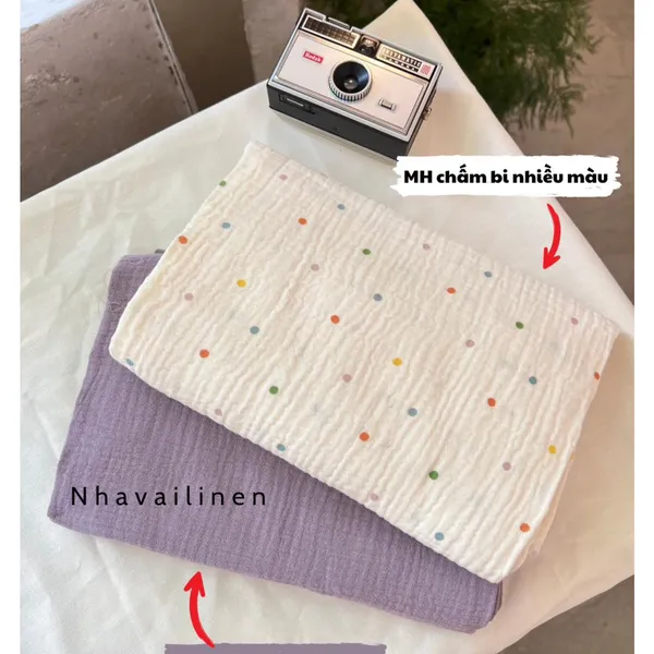 Vải xô muslin cao cấp 2 lớp hoạ tiết chấm bi nhiều màu