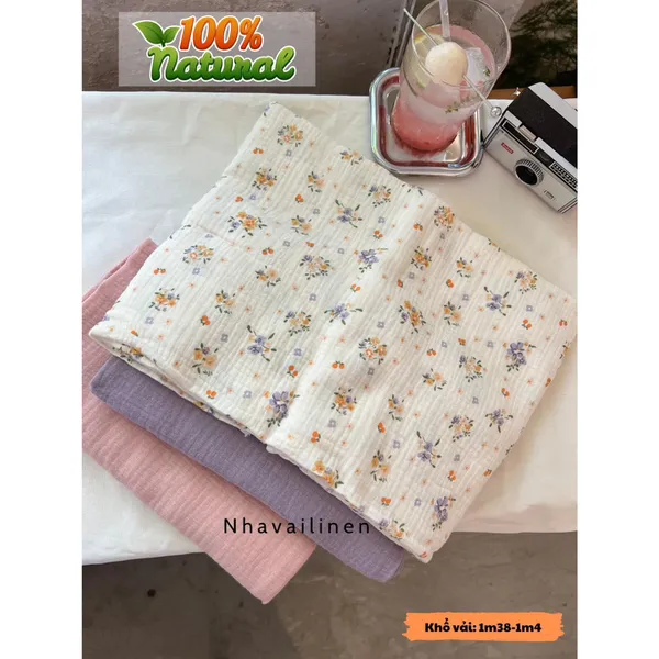 Vải xô muslin cao cấp 2 lớp hoạ tiết hoa tím cam