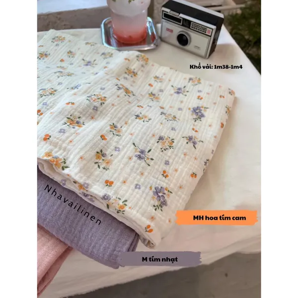 Vải xô muslin cao cấp 2 lớp hoạ tiết hoa tím cam