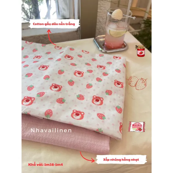 Vải Họa Tiết Cotton Hoạ Tiết Gấu Dâu Nền Trắng Chất Liệu Cao Cấp