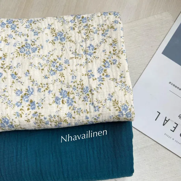 Vải xô muslin cao cấp 2 lớp hoạ tiết hoa dây xanh