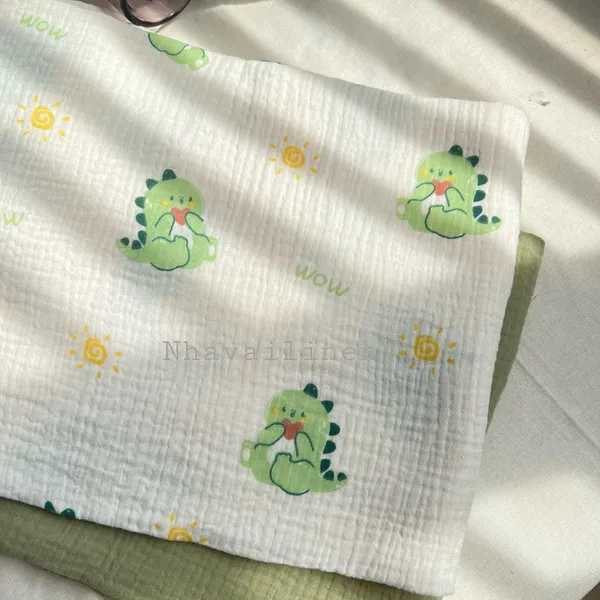 Vải xô muslin cao cấp 2 lớp hoạ tiết khủng long xanh