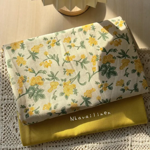 Vải Linen Bột Dày Hoạ Tiết Hoa Dây Vàng