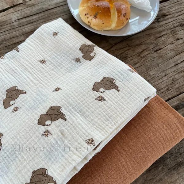 Vải xô muslin cao cấp 2 lớp hoạ tiết gấu ong