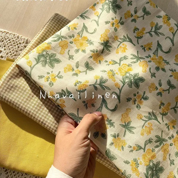 Vải Linen Bột Dày Hoạ Tiết Hoa Dây Vàng
