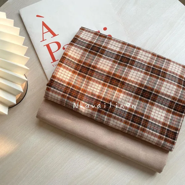 Vải Họa Tiết Cotton Hoạ Tiết Caro Nâu Mềm