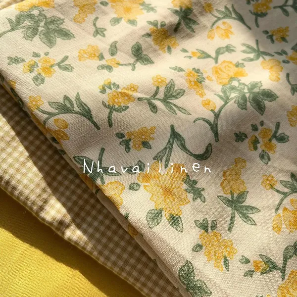 Vải Linen Bột Dày Hoạ Tiết Hoa Dây Vàng
