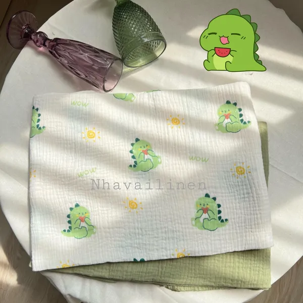 Vải xô muslin cao cấp 2 lớp hoạ tiết khủng long xanh