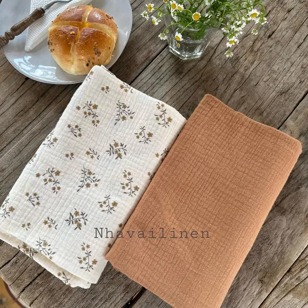Vải xô muslin cao cấp 2 lớp hoạ tiết hoa dây nâu