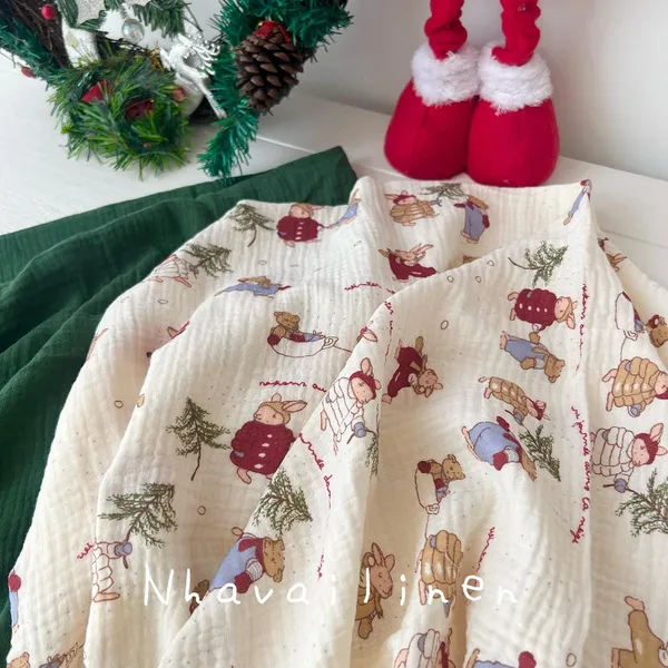 Vải xô muslin cao cấp 2 lớp hoạ tiết gấu noel