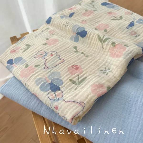 Vải xô muslin cao cấp 2 lớp hoạ tiết thỏ xanh hồng