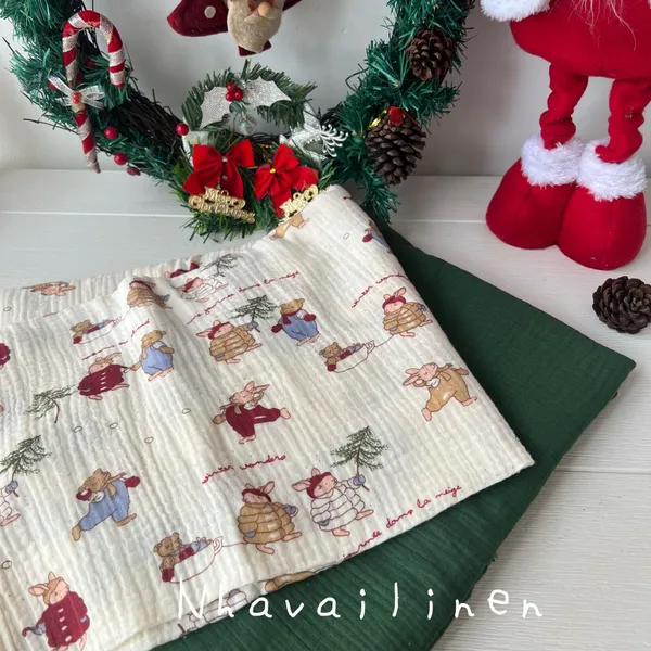 Vải xô muslin cao cấp 2 lớp hoạ tiết gấu noel