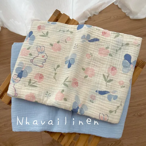 Vải xô muslin cao cấp 2 lớp hoạ tiết thỏ xanh hồng