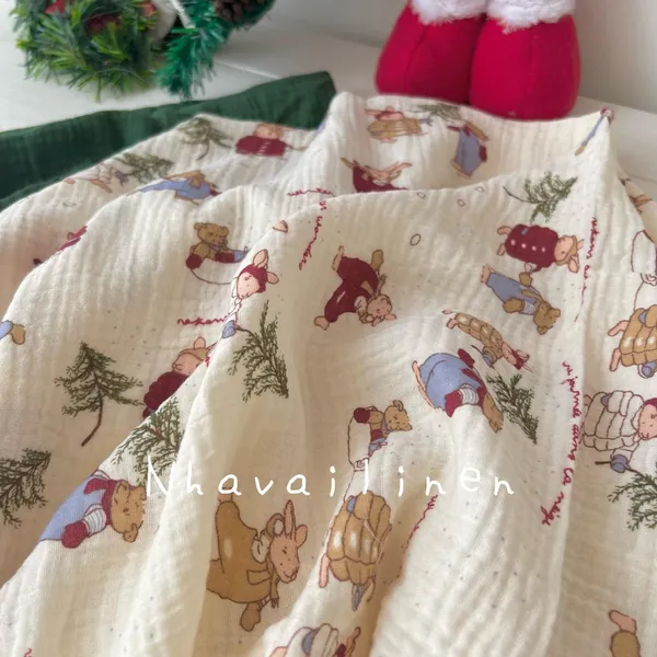 Vải xô muslin cao cấp 2 lớp hoạ tiết gấu noel