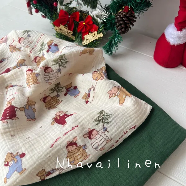 Vải xô muslin cao cấp 2 lớp hoạ tiết gấu noel
