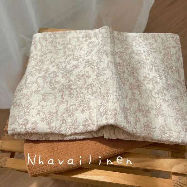Vải xô muslin cao cấp 2 lớp hoạ tiết thỏ nâu loang