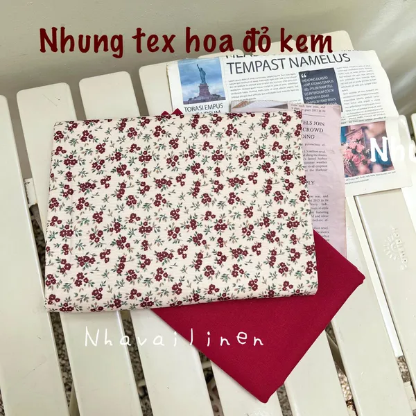 Vải Nhung Tex Hàng Cao Cấp Hoạ Tiết Hoa Đỏ Kem