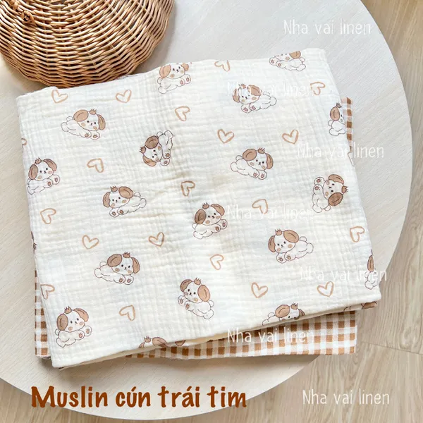 Vải xô muslin cao cấp 2 lớp hoạ tiết cún trái tim