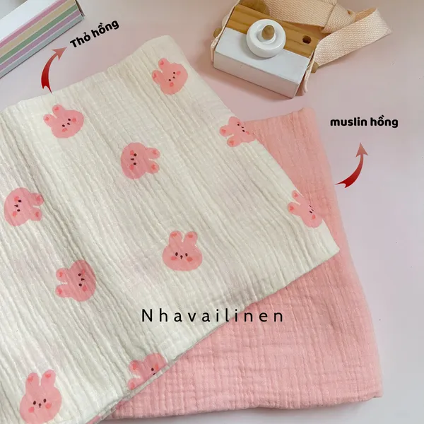 Vải xô muslin cao cấp 2 lớp hoạ tiết thỏ hồng