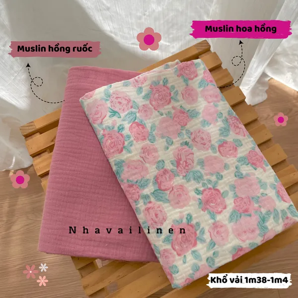 Vải xô muslin cao cấp 2 lớp hoạ tiết hoa hồng