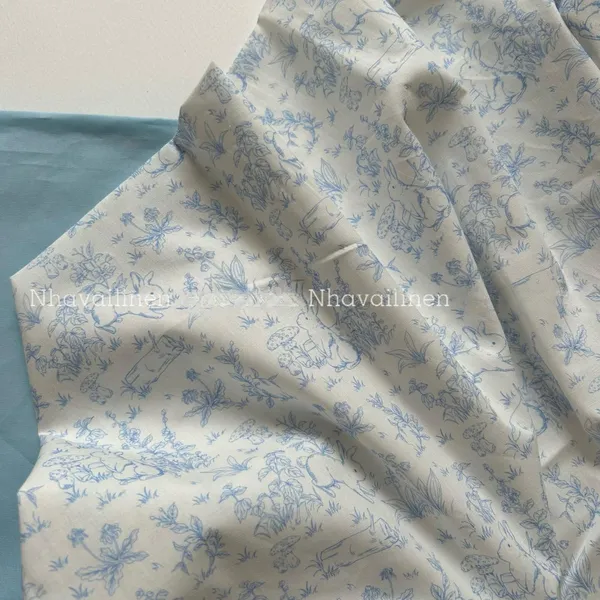 Vải cotton cao cấp hoạ tiết thỏ nấm xanh