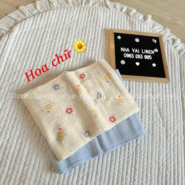 Vải xô muslin cao cấp 2 lớp hoạ tiết hoa chữ