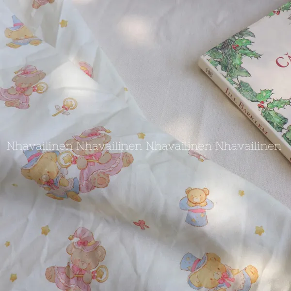 Vải cotton hoạ tiết gấu đội nón