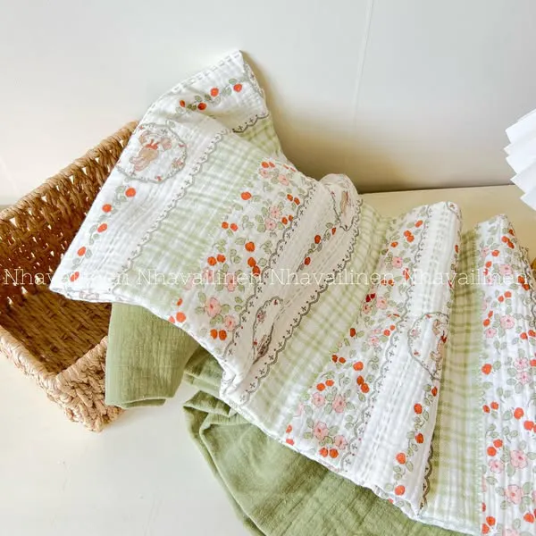 Xô muslin cao cấp 2 lớp hoạ tiết thỏ hoa dây
