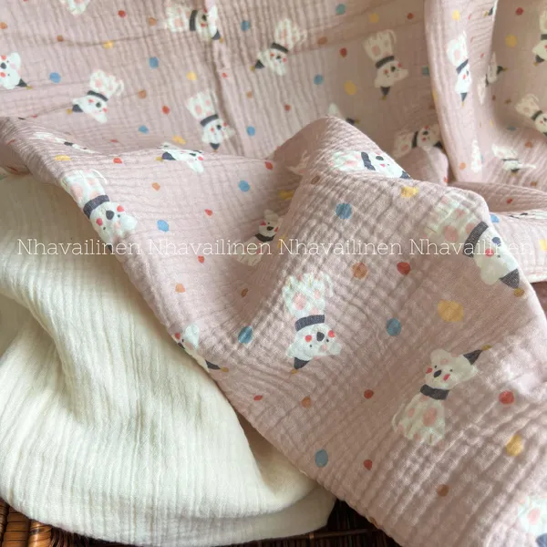 Xô muslin cao cấp 2 lớp hoạ tiết cún má hồng