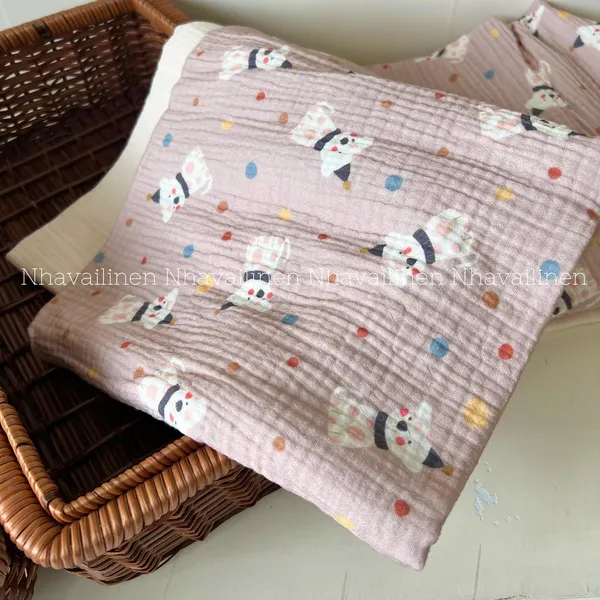 Xô muslin cao cấp 2 lớp hoạ tiết cún má hồng