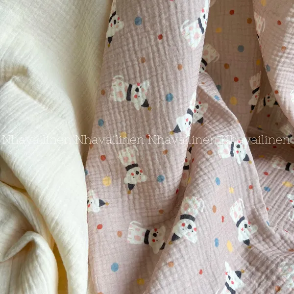 Xô muslin cao cấp 2 lớp hoạ tiết cún má hồng